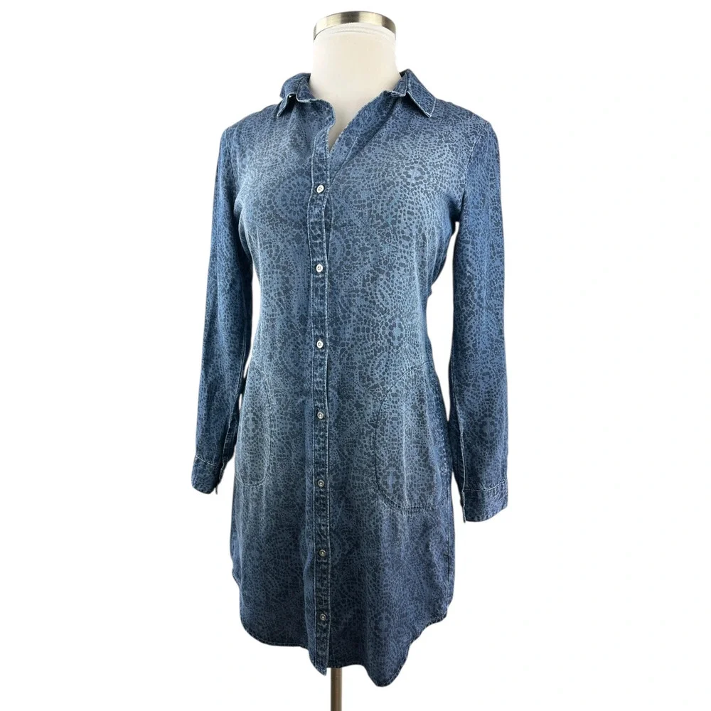 Cloth & Stone x Anthropologie Chambray Printed Button Belted Shirt Dress Small - Picture 2 of 16